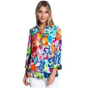 Ali Miles Tropical Floral Top Petite Small Square Button Front Tunic Top Jacket